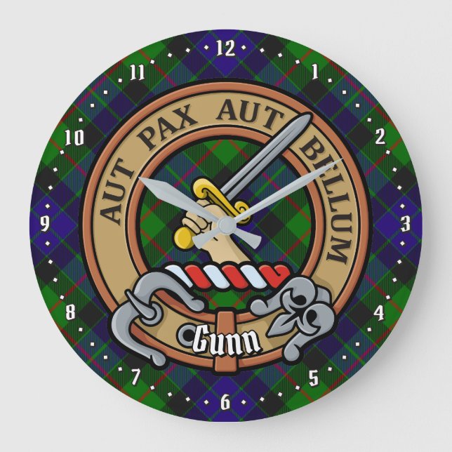 Relógio Grande Clan Gunn Crest sobre Tartan (Frente)