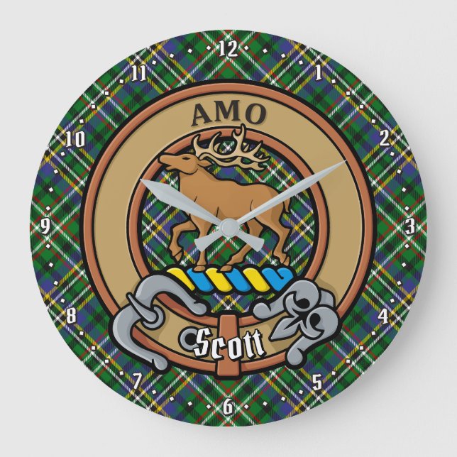Relógio Grande Clan Scott Crest sobre Green Tartan (Frente)
