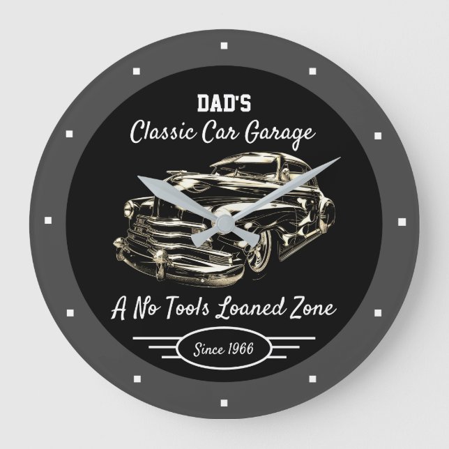 Relógio Grande Classic Car Garage Dad's or Anyone's Name Black   (Frente)