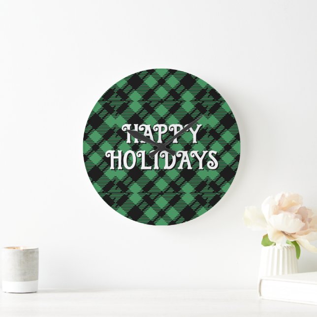 Relógio Grande Classic Holiday Green Checkered Pattern Custom (Lar)
