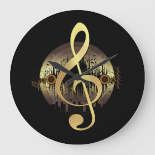 Relógio Grande Clave de Sol Dourada Decoração de Disco de Vinil p