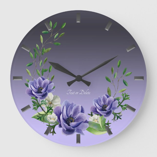 Relógio Grande Clock de Parede das Flores Púrpuras de Aquarela (Frente)