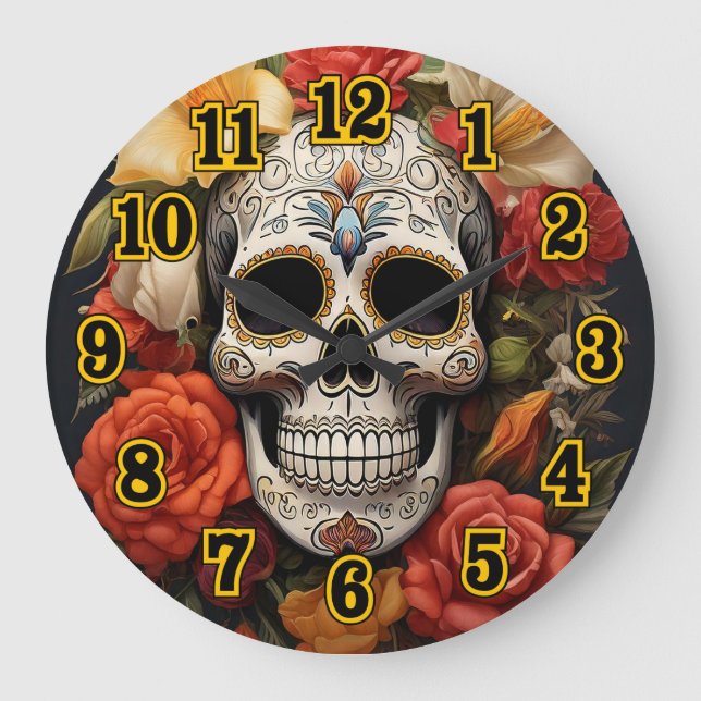 Relógio Grande Clock de Parede Floral do Crânio (Frente)