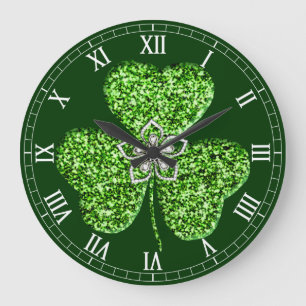 Relógio Grande Clock Numerário Romano Da Glitter Shamrock E Flor