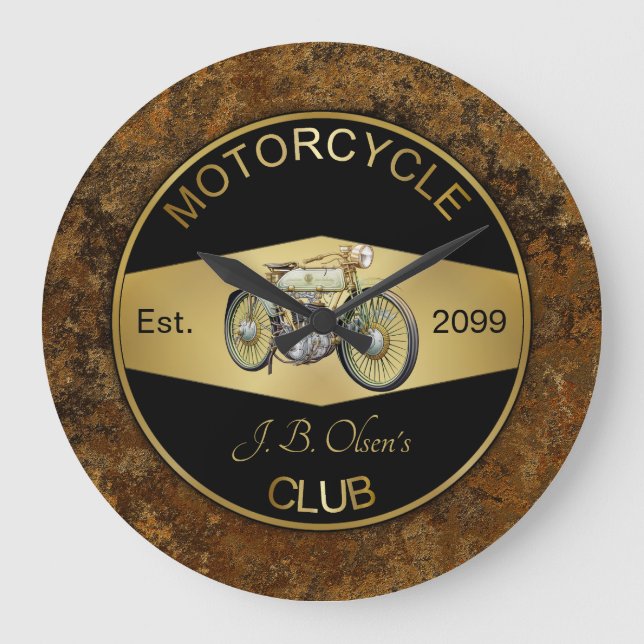 Relógio Grande Clube de Motocicleta Personalizado Preto e Dourado (Frente)