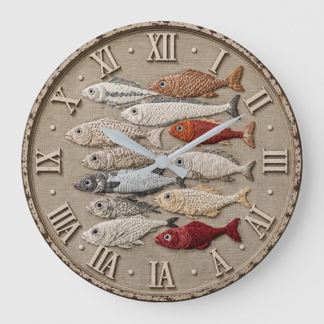 Relógio Grande Coastal Fish  Nautical Beach House Rustic Fishing  (Frente)