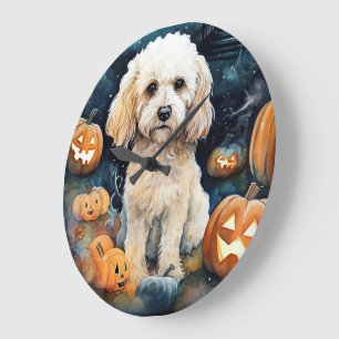 Relógio Grande Cockapoo de Halloween com Abóboras Assustador