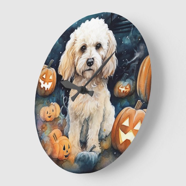Relógio Grande Cockapoo de Halloween com Abóboras Assustador  (Ângulo)