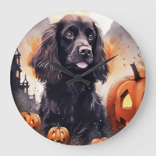 Relógio Grande Cocker Spaniel de Halloween com Abóboras