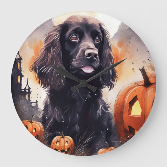 Relógio Grande Cocker Spaniel de Halloween com Abóboras (Frente)