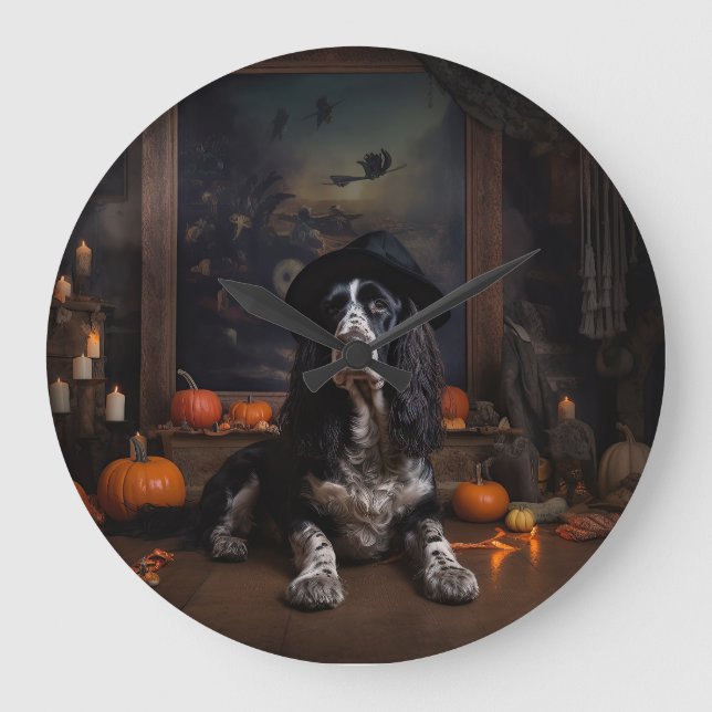 Relógio Grande Cocker Spaniel Inglês Abóboras Halloween Assustado (Frente)