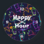 Relógio Grande Cocktails Neon da Hora Feliz<br><div class="desc">Este coquetel neon Happy Hour,  o relógio temático da parede,  faz um presente de excelente. Divertido para seu bar,  caverna de homem ou quarto de bônus.</div>