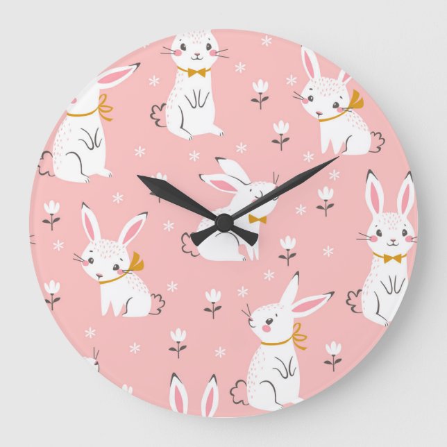 Relógio Grande Coelhinhos Brancos: Floral Bonita Sem Semente (Frente)