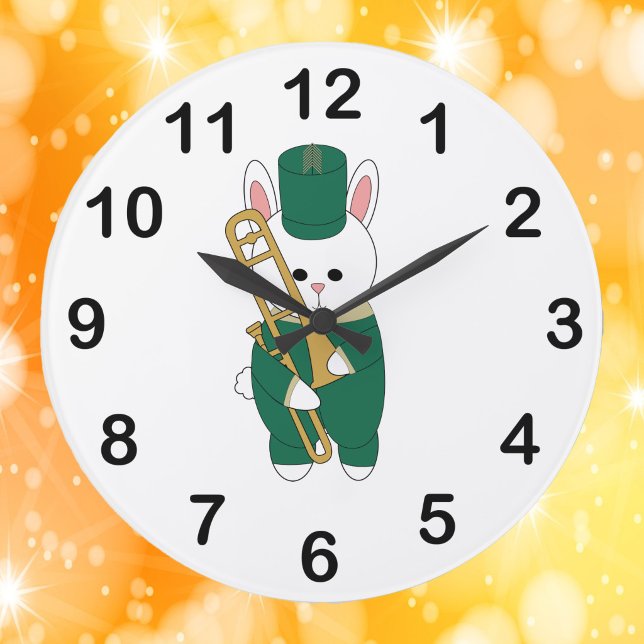 Relógio Grande Coelho Fofo Trombone Verde Dourado (A clock with a rabbit holding a trombone dressed in green & gold.)