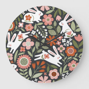 Relógio Grande Coelhos brancos bonitos, padrão de colheita floral