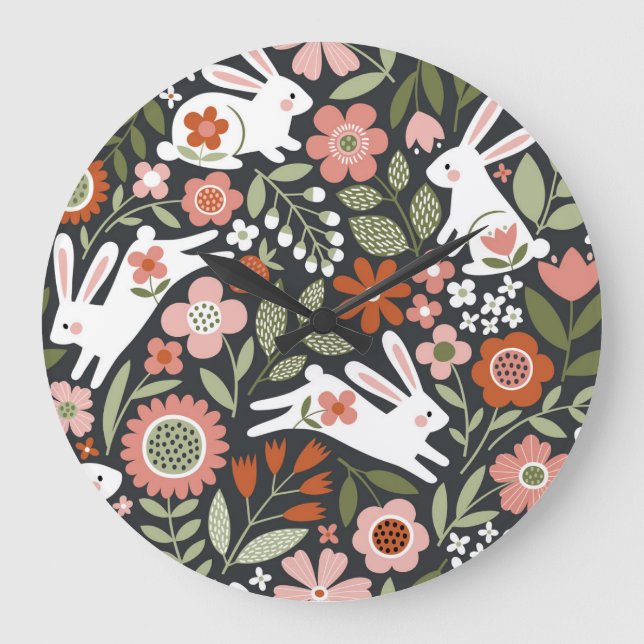 Relógio Grande Coelhos brancos bonitos, padrão de colheita floral (Frente)