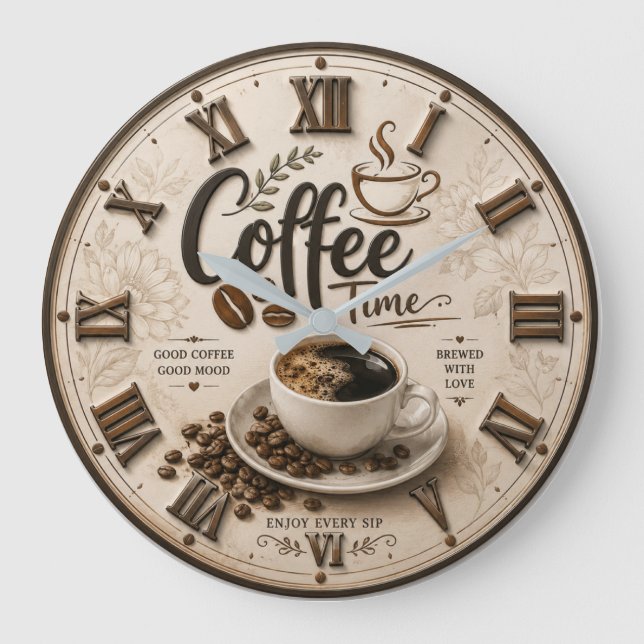 Relógio Grande Coffee Time Elegant Farmhouse Kitchen Decor (Frente)
