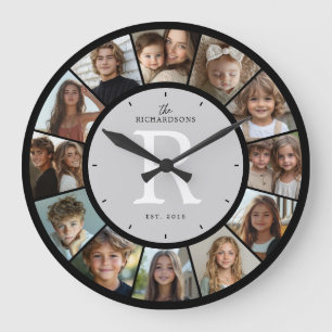 Relógio Grande Colagem de 12 Fotos com Monograma Personalizado da