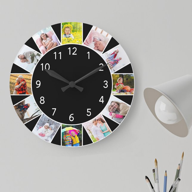 Relógio Grande Colagem de Fotografias Personalizada em Preto e Re (Photo clock with 12 photos, one at each hour. Great design for your home or a thoughtful photo gift.)