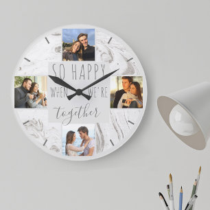 Relógio Grande Colagem de Fotos Citação Feliz Juntos Mármore Mode
