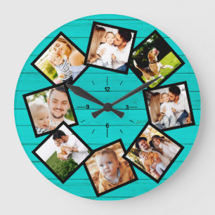 Relógio Grande Colagem de Fotos de Família Rustic Farmhouse Azul 