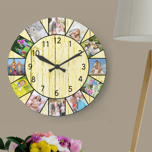 Relógio Grande Colagem de Fotos Personalizada 12 em Madeira Creme