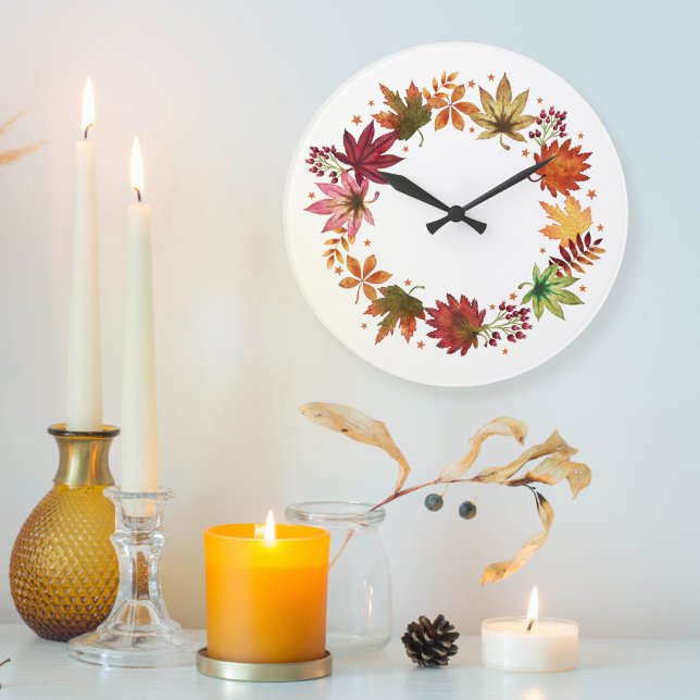 Relógio Grande Colheita de fazendeiros outono Folhas de outono (Farmhouse Harvest Fall Autumn Leaves Wreath Large Clock)