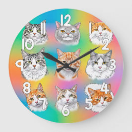 Relógio Grande Colorful Cat Faces Wall Clock Fun Pet Decor