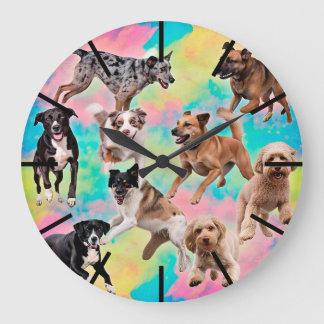 Relógio Grande Colorful Dogs Wall Clock – Fun Puppy Pet Home Deco