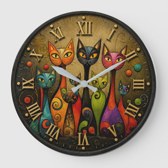 Relógio Grande Colorful Whimsical Cats (Frente)