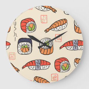 Relógio Grande Comida sushi, design de padrão uniforme.