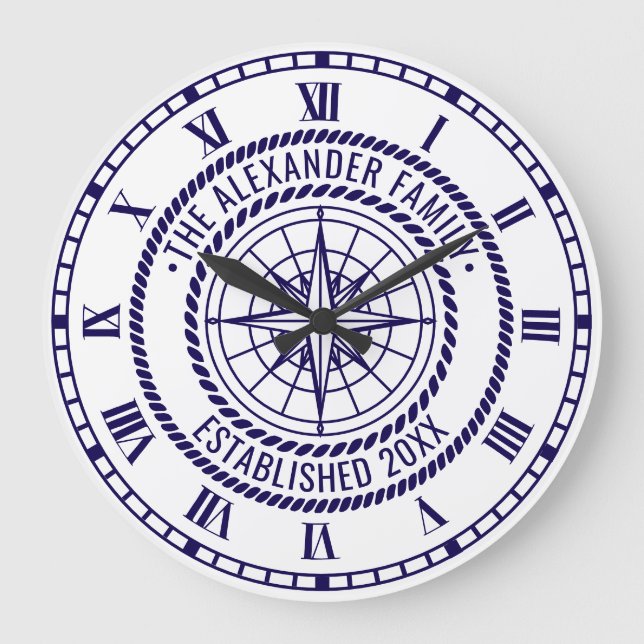 Relógio Grande Compass Náutico #3 Nome da Família Data Estd Rope  (Frente)