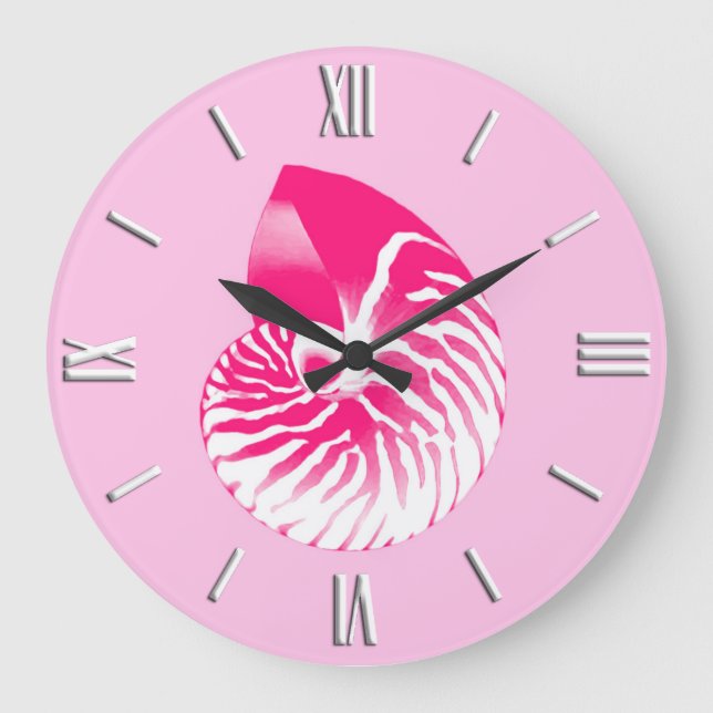 Relógio Grande Concha de Nautilus - rosa fúcsia e branco (Frente)