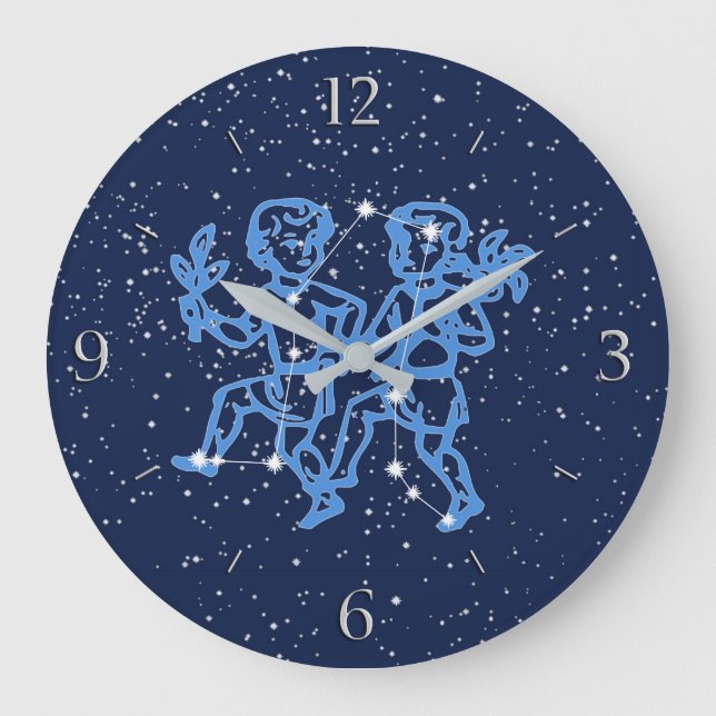 Relógio Grande Constelação Gemini e Sinal Zodíaco com Estrelas (Frente)