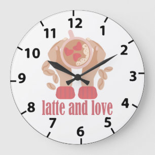 Relógio Grande Copo de latte e amor, mãos e citação de café