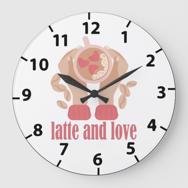 Relógio Grande Copo de latte e amor, mãos e citação de café (Frente)