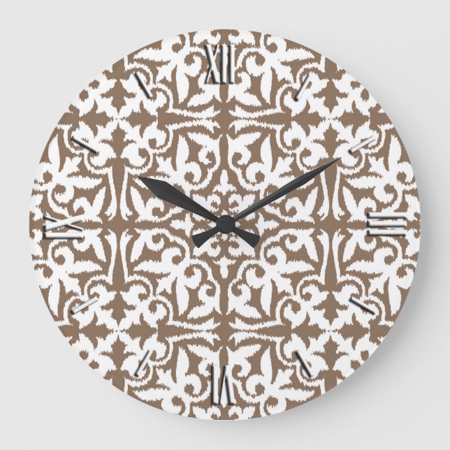 Relógio Grande Cor damasco Ikat - Taupe Tan e Branco (Frente)