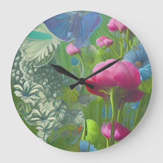 Relógio Grande Cor-de-rosa, azul e floral branco (Frente)