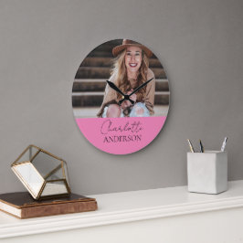 Relógio Grande Cor-de-rosa-foto de nome simples minimalista moder