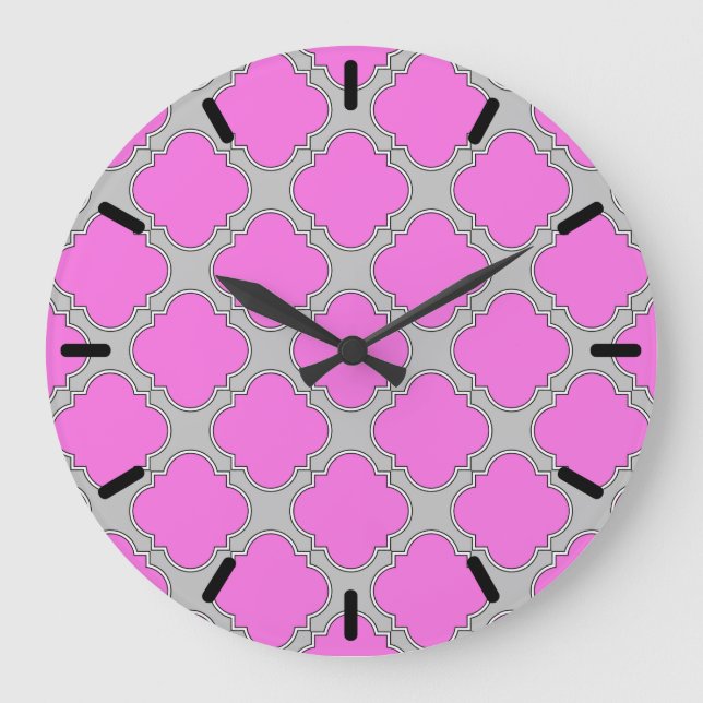 Relógio Grande Cor-de-rosa-quatrefoil e cinzas (Frente)