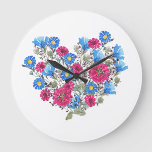 Relógio Grande Coração floral de aquarelas, flores silvestres bri
