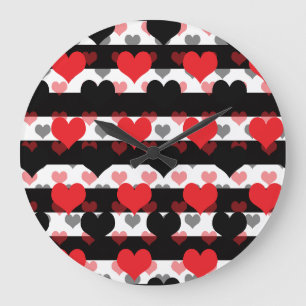 Relógio Grande Corações de Amor Preto Vermelho com Stripes Branca