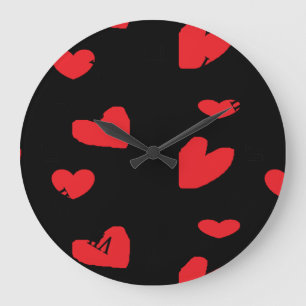 Relógio Grande Corações de amor vermelho em preto