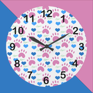 Relógio Grande Corações de Pata de Gato Meow Padrão Rosa Azul