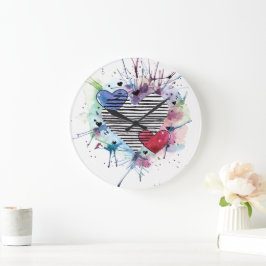 Relógio Grande Corações E Lavações Em Aquarela