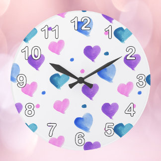 Relógio Grande Corações Pontos de Aquarela Cor de Rosa Azul Roxo