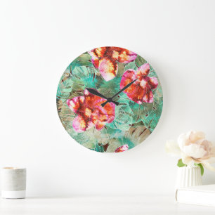 Relógio Grande Coral Floral Azul Turquesa - Travesseiro Boho Vint