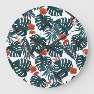 Relógio Grande Cores de água tropicais, folhas, flores, beija-flo