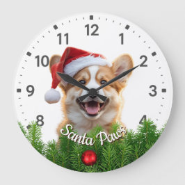 Relógio Grande Corgi Santa Paws com Grinalda de Natal
