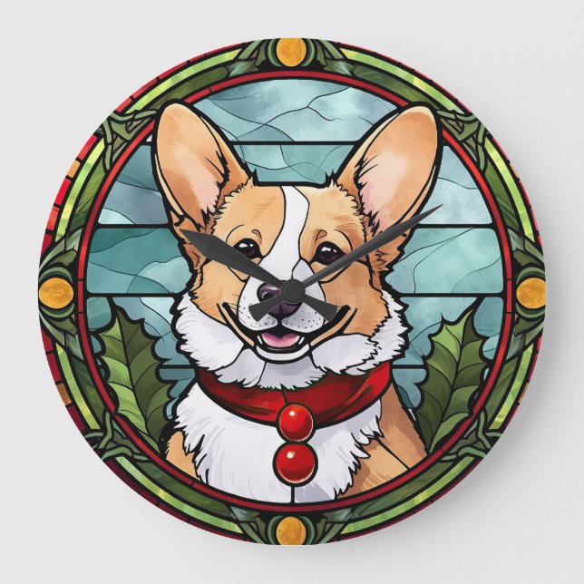 Relógio Grande Corgi StainGlass Christmas (Frente)